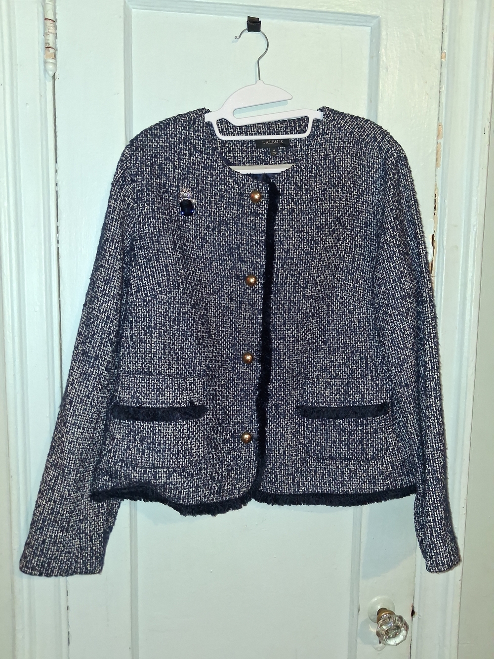 Talbots Women's Navy Tweed Fringe-Trim Jacket